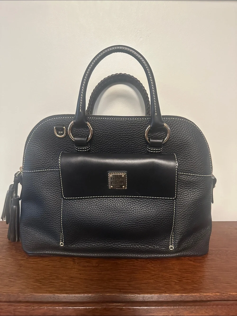 Dooney & Bourke Black Pebble Leather Dome Satchel with Braided Handles